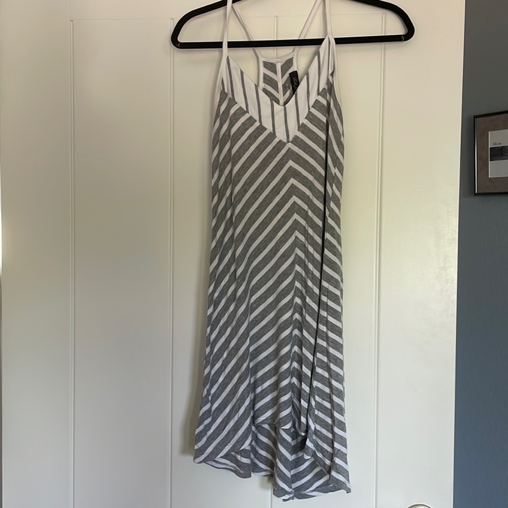 Halter dress, brand Laila Jayde, size small petite, gray and white stripes